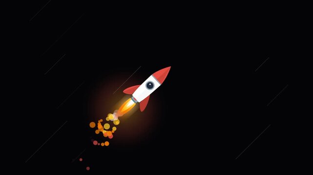 Space technology rocket spaceship flying diagonally with glowing engine fire flame exhaust and particle trail on black background in smooth 2D vector animation loop