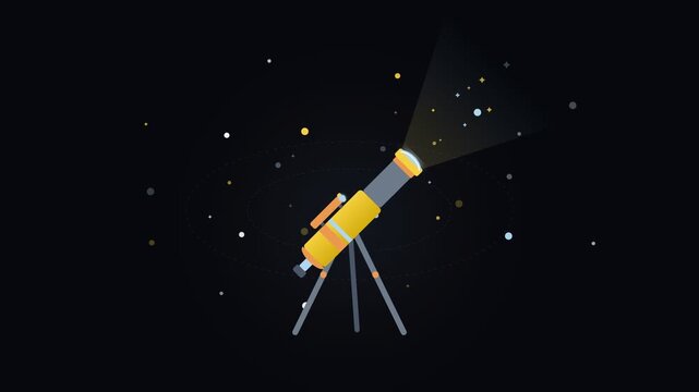 Yellow astronomical telescope on tripod projecting light beam observing glowing stars on dark night sky background in smooth 2D vector graphic animation loop
