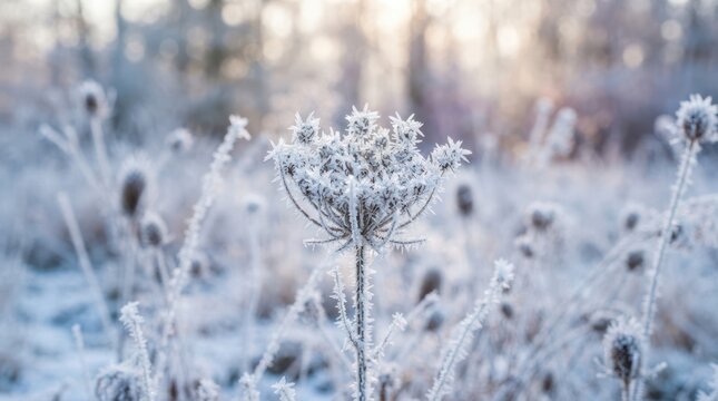 Single dried wildflower covered in delicate white frost during cold winter morning in blurred forest landscape background