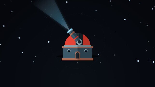 Space technology astronomical observatory telescope rotating and scanning light beam across starry night sky background in flat 2D vector animation loop
