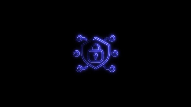 Glowing neon cyber security icon shield and padlock protection concept on black background