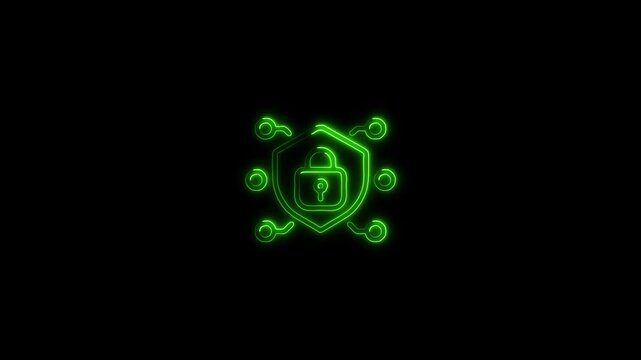Glowing neon cyber security icon shield and padlock protection concept on black background