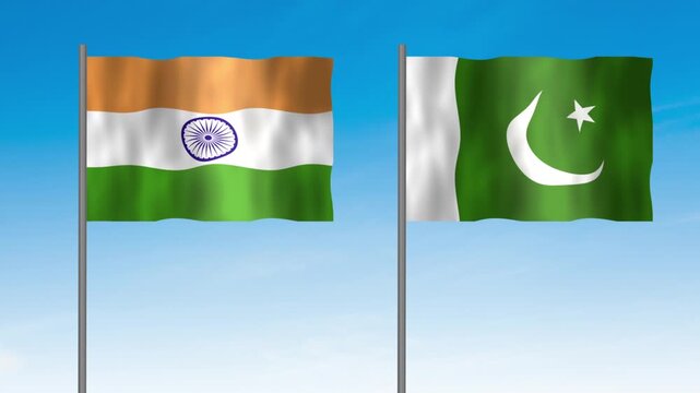 Flag of Pakistan and India, Pole flag of Pakistan and India on clear sky background. Pakistan and India flag waving. 
