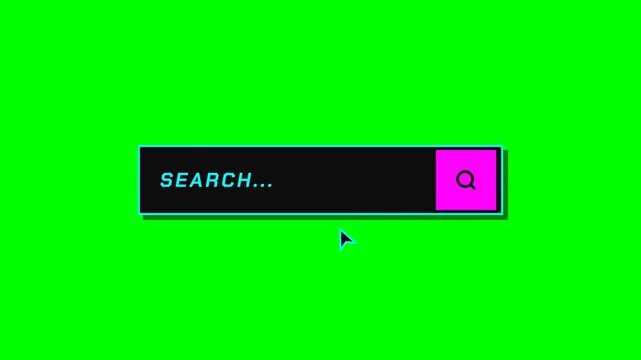 A massive 3x scaled cyberpunk neon styled search bar animation on a green screen. Features bright glowing colors, a sleek no-tail cursor sweeping in a trigonometric arc, and bouncy click physics.