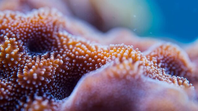 Orange coral polyps fill a macro underwater view as the camera glides across textured ridges, revealing clusters of tiny tentacles against softly blurred blue water