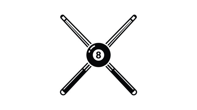 Billiard cues crossing behind eight ball vector illustration featuring minimalist modern graphic design style