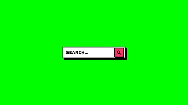A massive 3x scaled neo-brutalist styled search bar animation on a green screen. Features stark high-contrast colors, thick solid black borders, hard blocky shadows, snappy elastic motion, and a symme