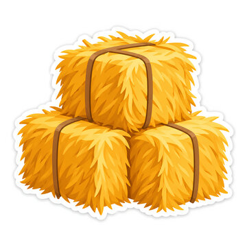 Flat vector illustration of a stack of golden hay bales tied with brown straps, presented as a clean die-cut sticker on a white background.