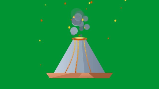 Animated cartoon volcano erupting smoke and sparks with glowing lava cracks in a seamless loop against a solid chroma key green screen background in 2D flat style