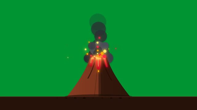 Cartoon volcano erupting with glowing molten lava flows and rising dark smoke plumes centered on green screen chroma key backdrop in seamless 2D vector animation