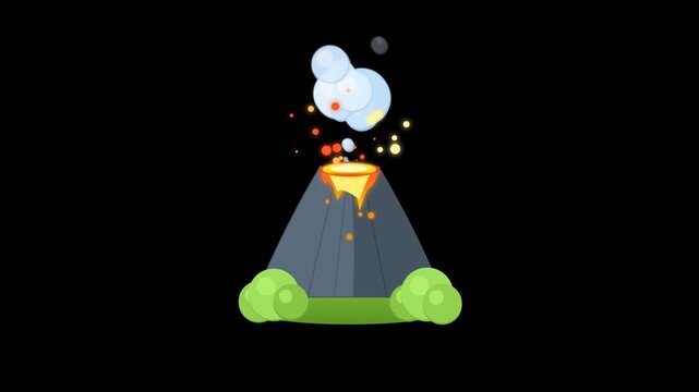 Cartoon volcano mountain erupting smoke clouds and glowing lava sparks in continuous motion against black background in flat 2D vector animation loop