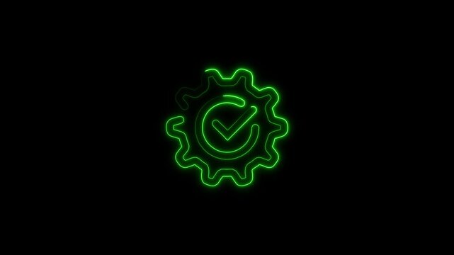 Glowing green approved check mark icon animation on dark background abstract certification symbol