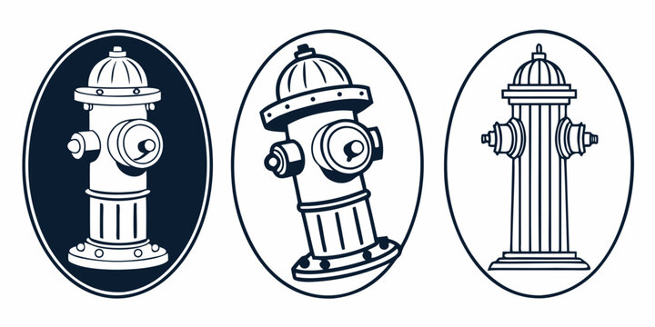 Set of three fire hydrant enclosed in oval frames, showing different styles and on a white background