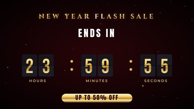 New Year Flash Sale Countdown Timer Showing 23 Hours 59 Minutes and Decreasing Seconds with Up to 50% Off Banner