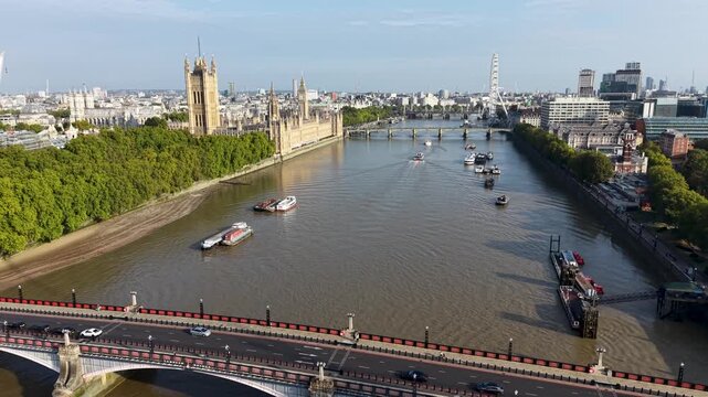 London Skyline In England United Kingdom. Thames River Scenery. Downtown District. Big Ben Building. London Skyline In England United Kingdom. London Eye Ferris Wheel. Westminster Bridge.