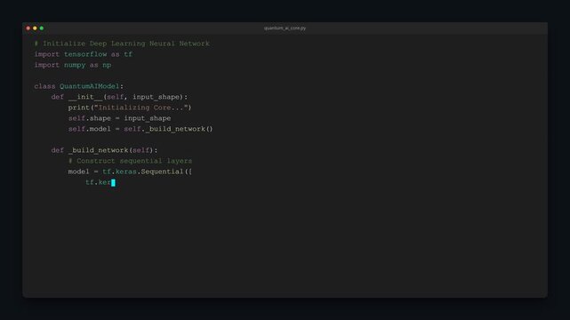 A 4K simulation of a computer screen showing a modern code editor. Complex Python machine learning code is being typed dynamically character by character with realistic human pacing, blinking cursor,