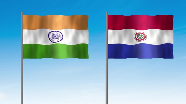 Flag of Paraguay and India, Pole flag of Paraguay and India on clear sky background. Paraguay and India flag waving. 
