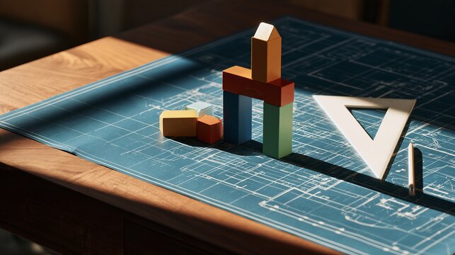 Commercial Photo of Colorful Wooden Toy Building Blocks on Architectural Blueprint for STEM Education and Project Foundation Concept

