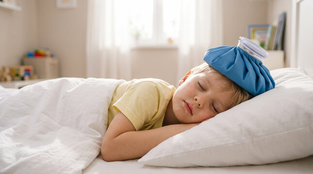 Boy sleeping in bed with ice pack on head, pediatric healthcare and fever treatment