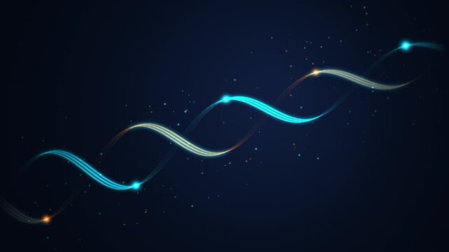 Dynamic abstract blue gold glowing light trails flowing across a dark background representing data c