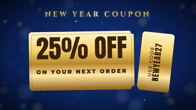 New Year 25 percent off coupon with code NEWYEAR27 for next order on a dark blue background with bokeh lights