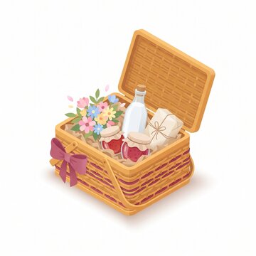 Isometric gift hamper basket with flowers jam and a bottle