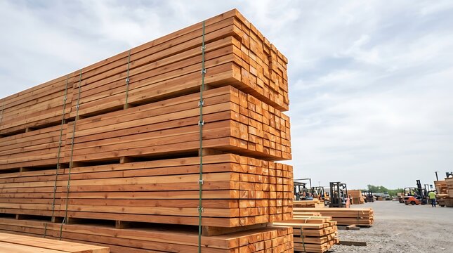 A large stack of lumber sits outdoors with forklifts in the background