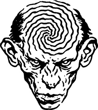 Hypnotic Spiral Head Man with Intense Stare, Black and White Ink Illustration