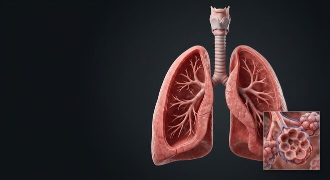 Human Lungs Cross Section Anatomy with Trachea Bronchi and Alveoli Close Up Detail 3D Medical Illustration on Dark Background