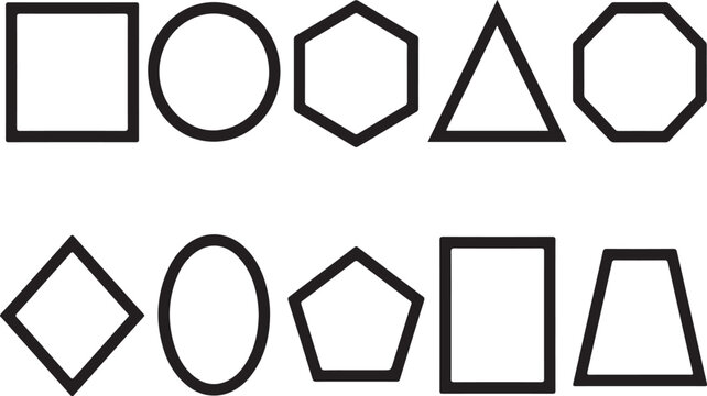 Minimalist geometric shape vectors set, 10 simple outline geometry icons, black line art geometric forms for educational UI design