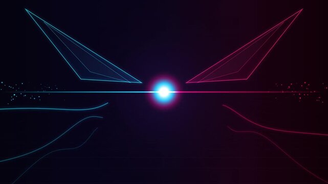 Symmetrical abstract glowing lines and sharp geometric forms with vibrant neon colors creating futur