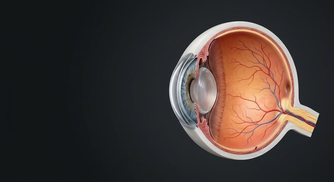 Human Eye Cross Section Anatomy Showing Cornea Lens Iris Retina and Optic Nerve 3D Medical Illustration on Dark Background
