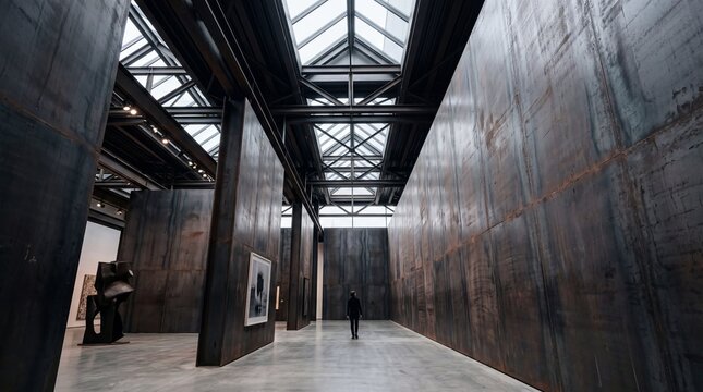 Visitor Walking Through Monumental Modern Art Gallery Interior