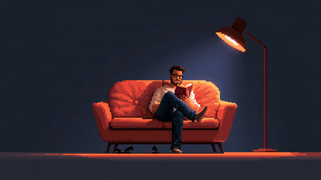 Man Reading Book on Sofa at Night Pixel Art