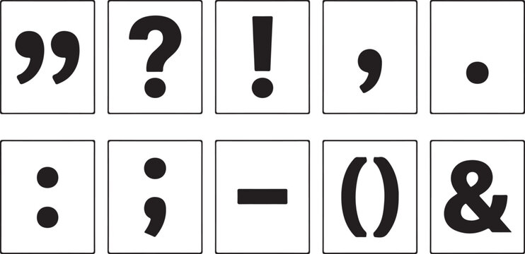 Punctuation Marks Vector Icons Set, Minimalist Black Punctuation Symbols Collection, Typography Sign Elements for Graphic Design