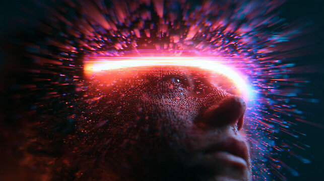 Futuristic Face with Glowing Neon VR Visor in Metaverse