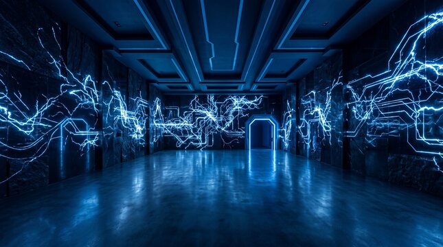Futuristic Cyber Room with Glowing Blue Electric Circuit Lighting