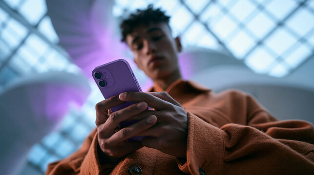 Young Man Texting on Smartphone in Modern Building