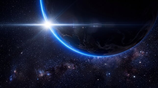 Planet Earth with Rising Sun in Deep Space
