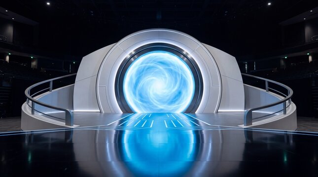 Futuristic Stage with Glowing Blue Portal and Circular Gateway