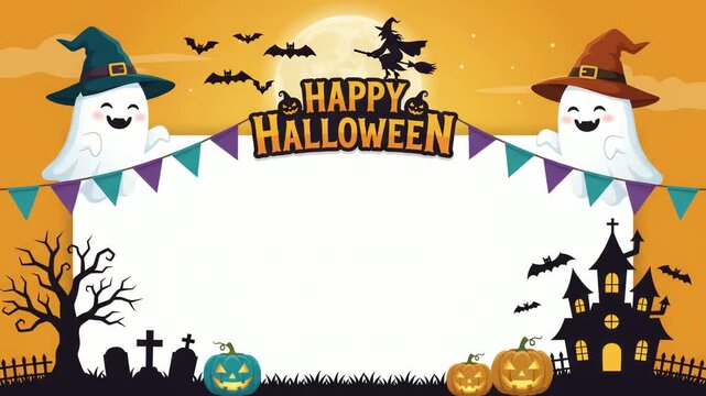 Halloween frame showcases a central white rectangular copy space surrounded by ghosts, witch silhouettes, pumpkins, and a haunted house against an orange backdrop for festive decorations.