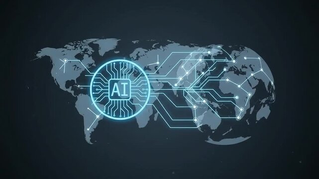 Artificial intelligence global network connectivity with advanced technology over a world map background