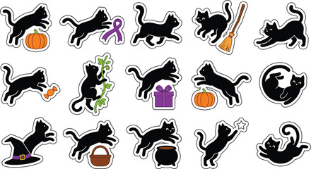 Obraz premium A collection of cute black cat silhouettes in various playful poses with festive halloween elements isolated on a white background