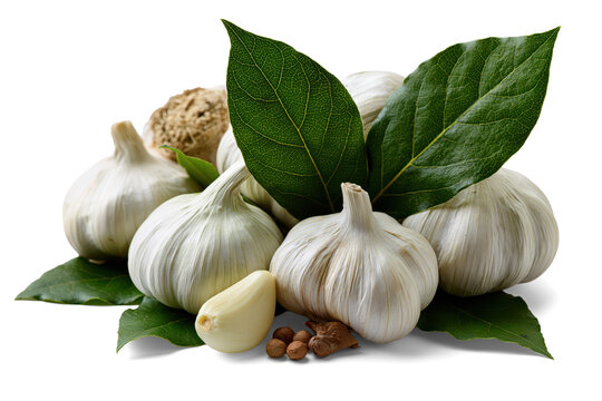 Garlic Bulbs With Bay Leaves And Spices