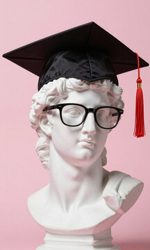 view bust statue apollo wearing trendy glasses graduation cap set soft pink background subtle gradient