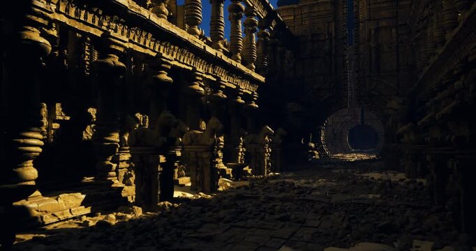 Dark ancient temple ruins with dramatic cinematic architecture