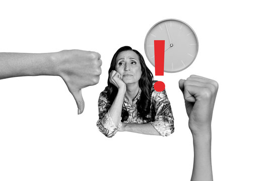 Creative photo collage mature woman bored deadline time management hour tick thumb down miss schedule overtime clock drawing background