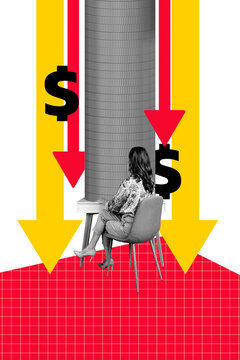 Vertical photo collage of bankrupt coin inexperienced girl sit workplace recession dollar inflation isolated on painted background