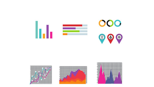 Colorful data visualization icons featuring charts and graphs for professional business reports dashboard interfaces and educational