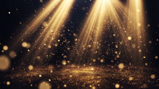 Merry Christmas Golden stage spotlight shining down on a dark textured floor with floating dust particles for Merry Christmas Day event render